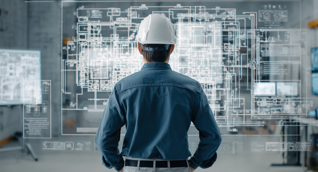 Engenheiro visualizando softwares para empresas de construção civil