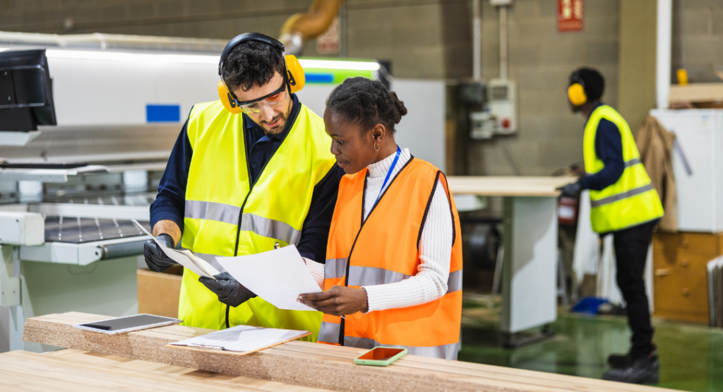 Gestores de obra analisando relatórios de desempenho e controle de produção para otimização de processos na construção civil.