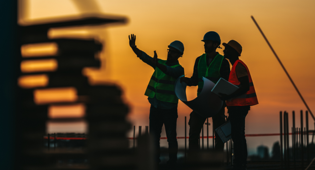 Três engenheiros com equipamentos de segurança analisando plantas ao pôr do sol, exemplificando a importância do controle interno e gestão de riscos no canteiro de obras.