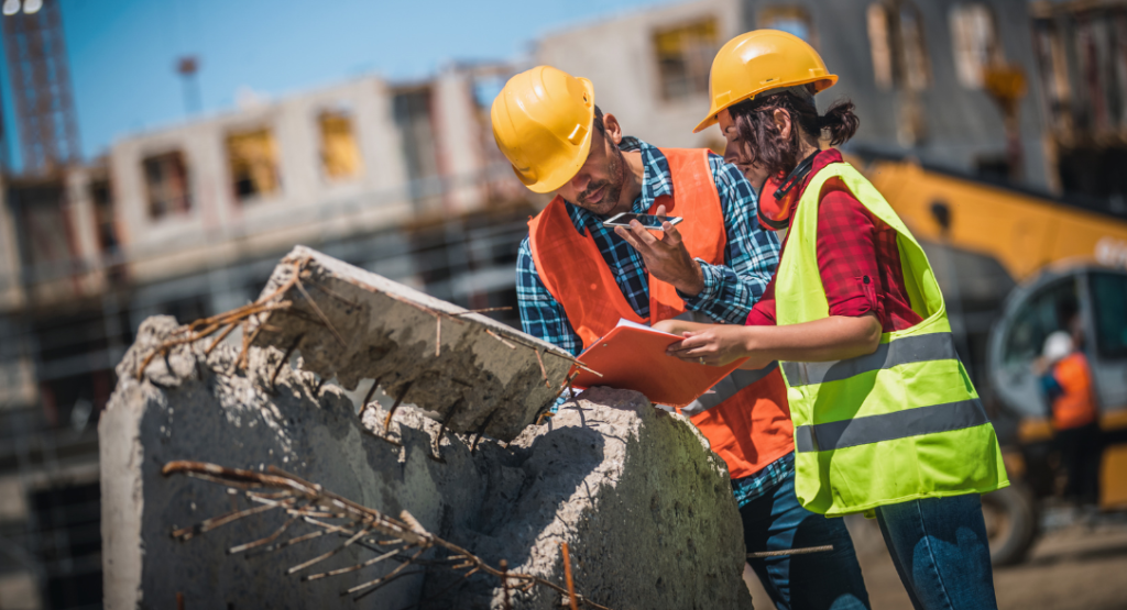 Dois engenheiros de construção revisando plantas em frente a um bloco de concreto danificado, exemplificando a análise de desperdiços do lean em obra.
