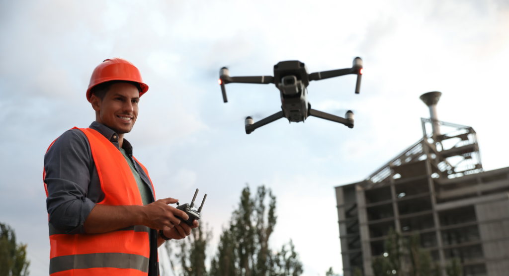 Engenheiro operando drone para o gerenciamento remoto de obras, monitorando o progresso da construção de forma eficiente e tecnológica.