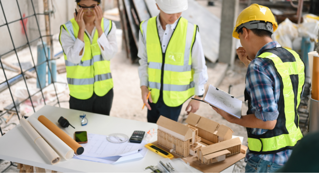 Profissionais revisando maquete e projetos em mesa de planejamento, aplicando lean construction na construção civil para otimização de processos.