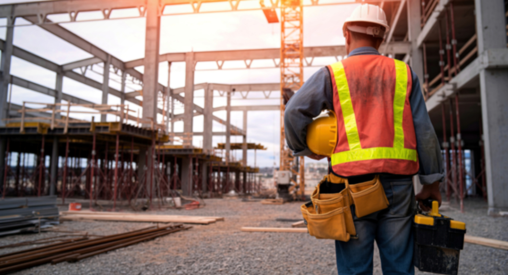 Operário equipado com EPIs observando canteiro de obras, destacando a importância da Segurança do Trabalho na Construção Civil.