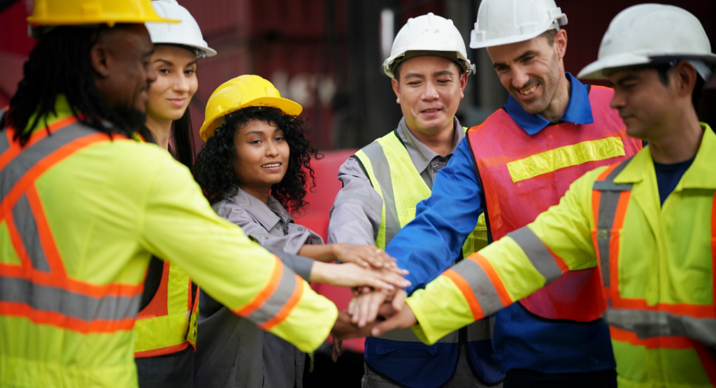 Equipo de ingenieros y obreros en una obra aplicando Lean Construction Last Planner System mediante el trabajo colaborativo.