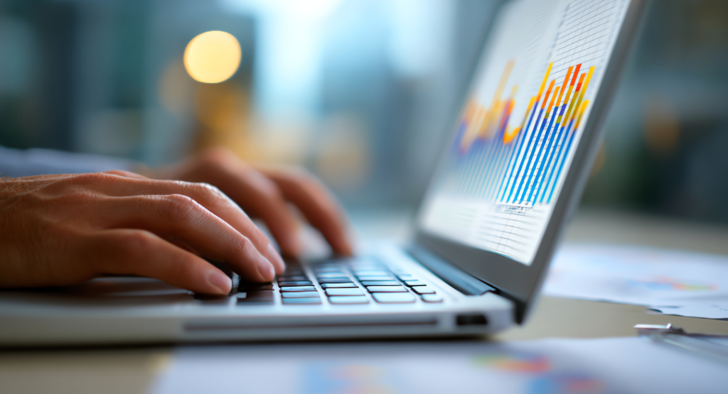 Manos en computador laptop analizando o software last planner system
