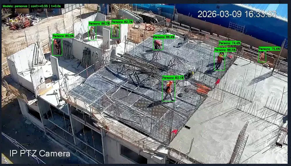 Cámara IP PTZ detectando personas en obra mediante IA