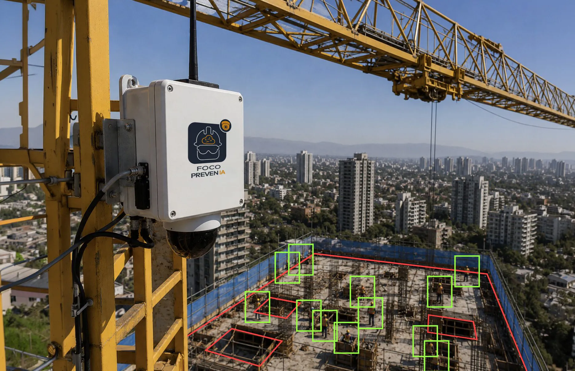 Foco PrevenIA - dispositivo IA instalado en grúa de obra